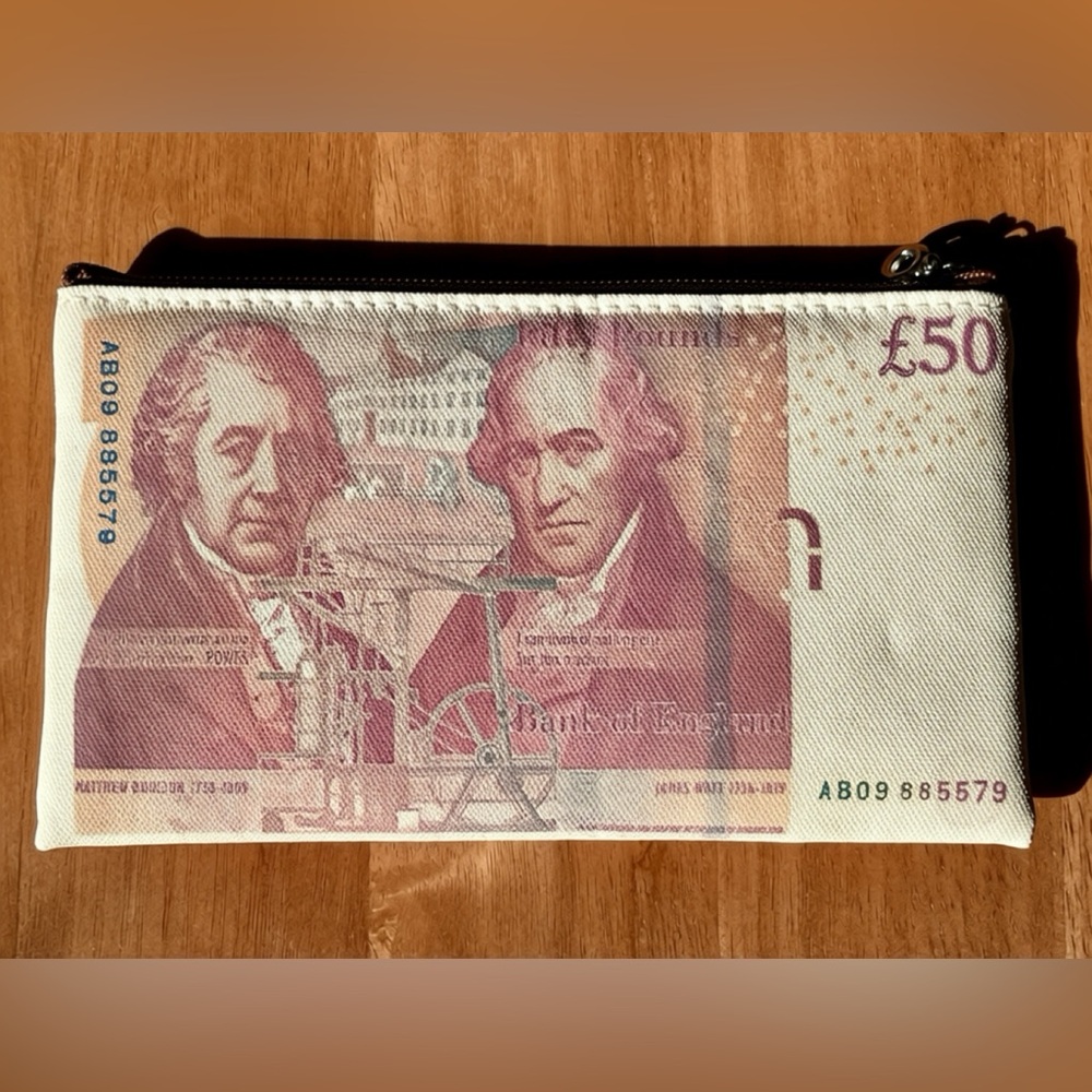 Zipper Pouch - Two-Sided British Currency £50 Banknote Print - NWOT - Picture 2 of 5